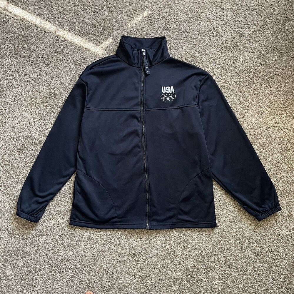 Vintage USA Olympics Team Track Warm Up Jacket Size L Made in USA Navy Blue